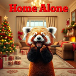 A whimsical adaptation of the classic 'Home Alone' movie poster featuring a cute red panda instead of the boy