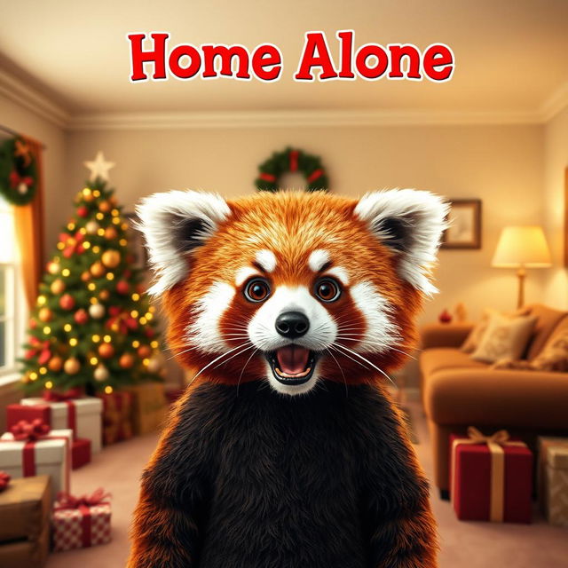 A whimsical adaptation of the classic 'Home Alone' movie poster featuring a cute red panda instead of the boy