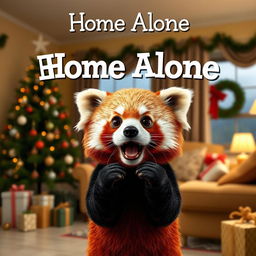 A whimsical adaptation of the classic 'Home Alone' movie poster featuring a cute red panda instead of the boy