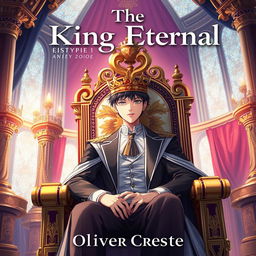 An enchanting book cover design for a fantasy novel titled 'The King Eternal', illustrated in the stunning style of Japanese Anime