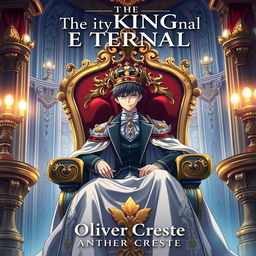 An enchanting book cover design for a fantasy novel titled 'The King Eternal', illustrated in the stunning style of Japanese Anime