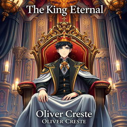An enchanting book cover design for a fantasy novel titled 'The King Eternal', illustrated in the stunning style of Japanese Anime