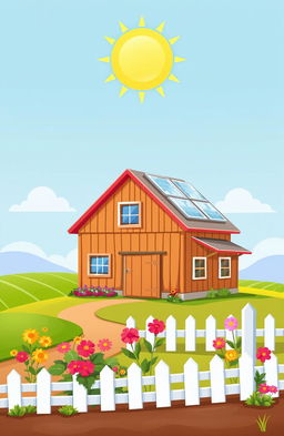 A colorful cartoon-style farmhouse featuring solar panels on its roof
