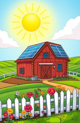 A colorful cartoon-style farmhouse featuring solar panels on its roof