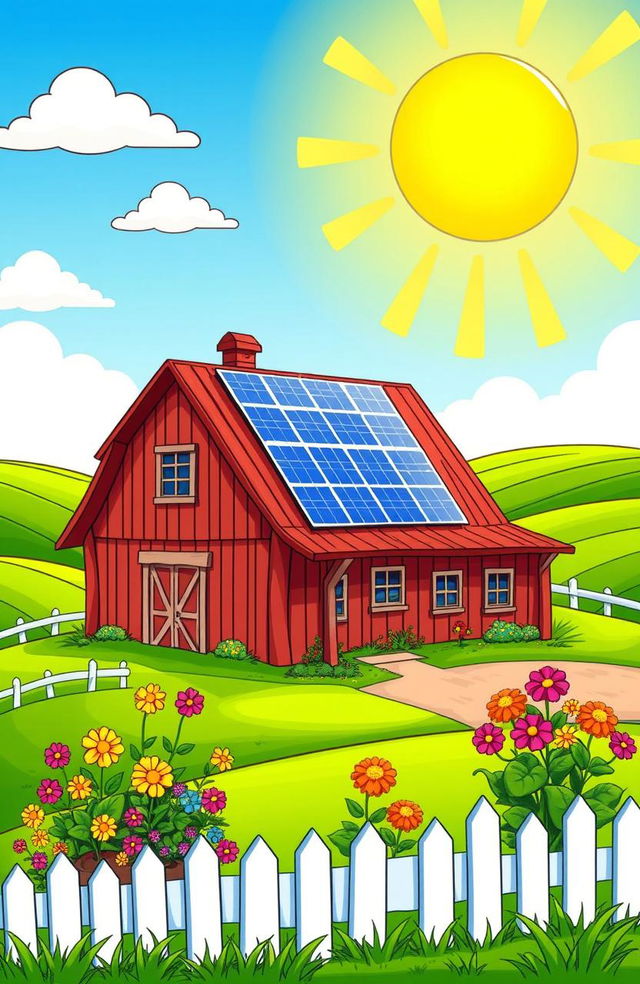 A colorful cartoon-style farmhouse featuring solar panels on its roof