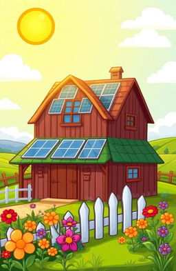 A colorful cartoon-style farmhouse featuring solar panels on its roof
