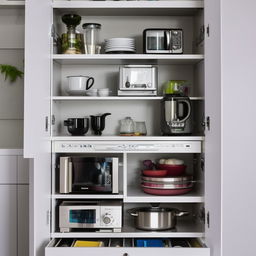 A meticulously organized kitchen cabinet or console, equipped with drawers and storage compartments filled with cutlery and dishes. Atop the cabinet rests a microwave and various other essential kitchen appliances.