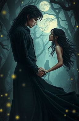 A dark romance scene set in an enchanted forest, where a mysterious, brooding young man with a rugged yet alluring appearance gazes intensely at a young woman with long, flowing dark hair and ethereal beauty