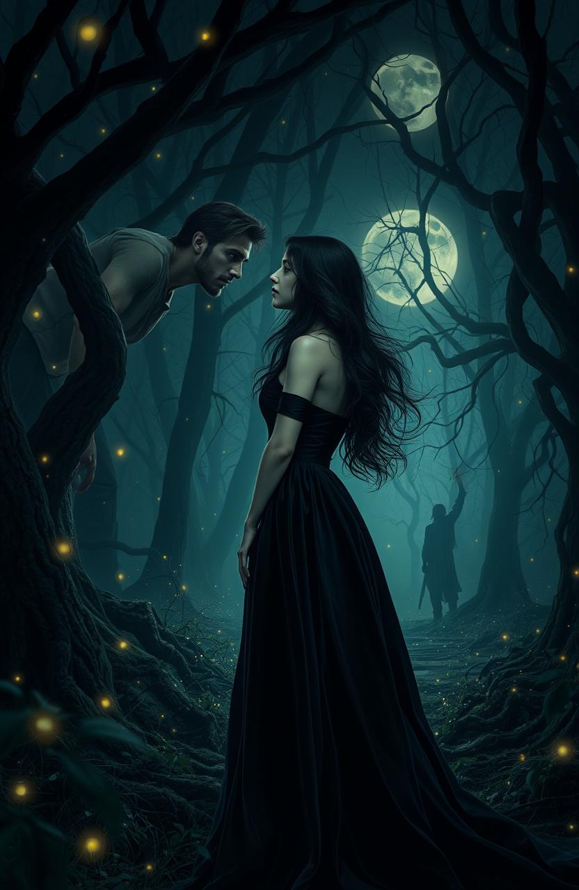 A dark romance scene set in an enchanted forest, where a mysterious, brooding young man with a rugged yet alluring appearance gazes intensely at a young woman with long, flowing dark hair and ethereal beauty