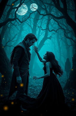 A dark romance scene set in an enchanted forest, where a mysterious, brooding young man with a rugged yet alluring appearance gazes intensely at a young woman with long, flowing dark hair and ethereal beauty