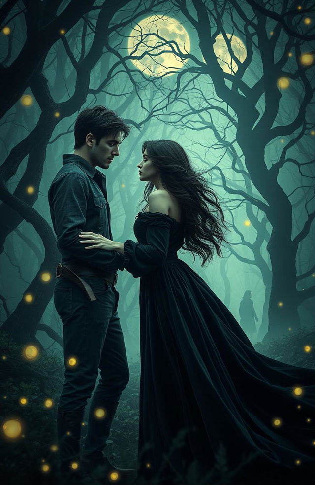 A dark romance scene set in an enchanted forest, where a mysterious, brooding young man with a rugged yet alluring appearance gazes intensely at a young woman with long, flowing dark hair and ethereal beauty