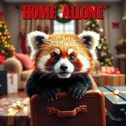 A whimsical and humorous reinterpretation of the classic Home Alone poster, featuring a cute red panda in place of Kevin McCallister