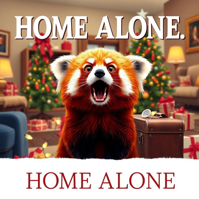 A whimsical and humorous reinterpretation of the classic Home Alone poster, featuring a cute red panda in place of Kevin McCallister