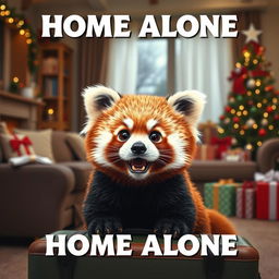 A whimsical and humorous reinterpretation of the classic Home Alone poster, featuring a cute red panda in place of Kevin McCallister