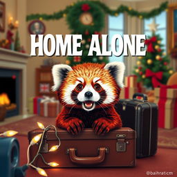 A whimsical and humorous reinterpretation of the classic Home Alone poster, featuring a cute red panda in place of Kevin McCallister