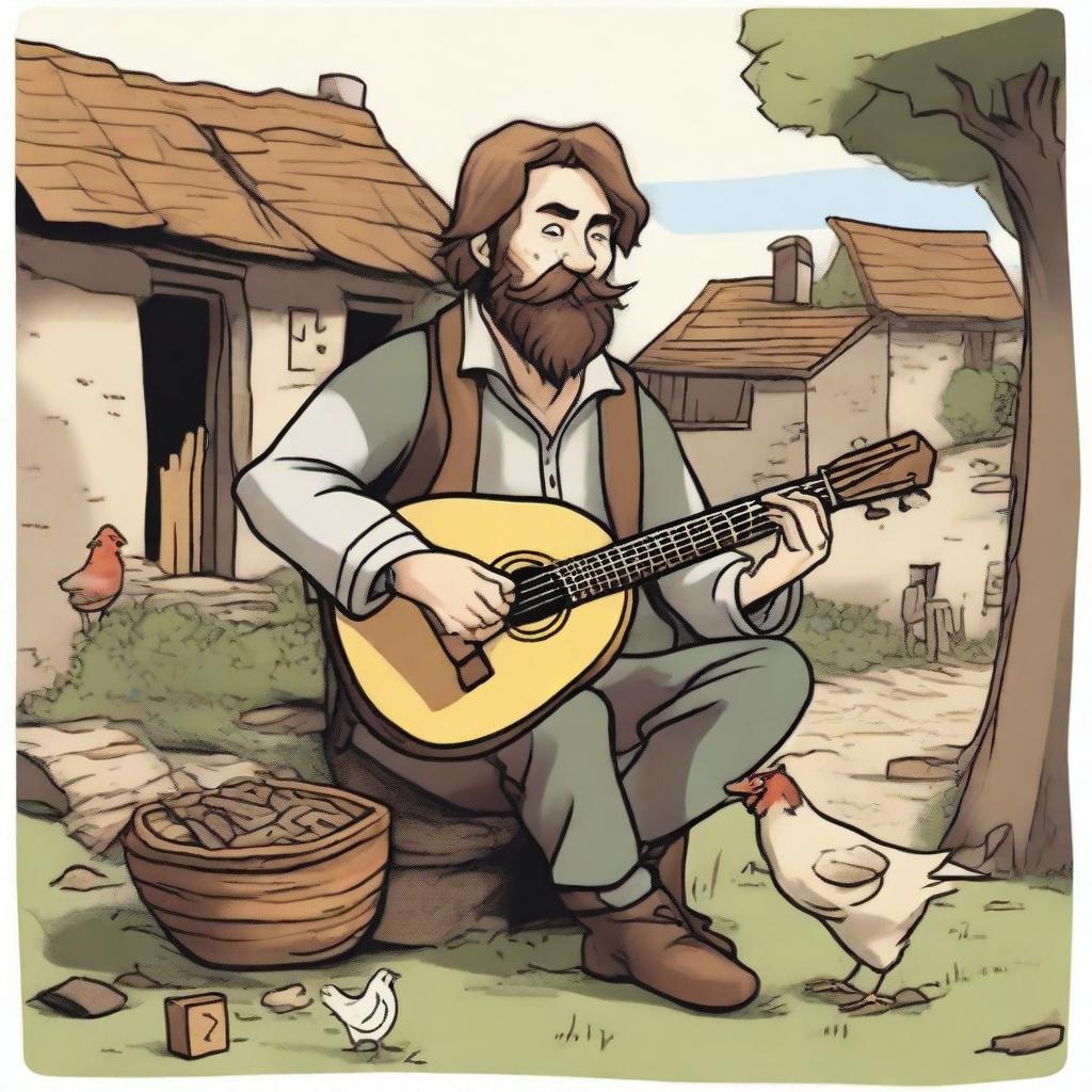 A high-quality comic-style illustration showcases a DnD bard, appearing as a homeless vagrant with brown hair and a beard, in a village setting