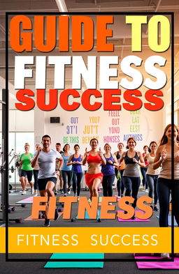 A motivational fitness guide cover featuring a diverse group of people engaged in various exercise activities such as running, weightlifting, and yoga in a bright, inspiring gym environment