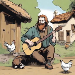 A high-quality comic-style illustration showcases a DnD bard, appearing as a homeless vagrant with brown hair and a beard, in a village setting