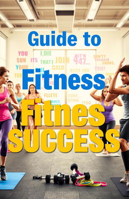 A motivational fitness guide cover featuring a diverse group of people engaged in various exercise activities such as running, weightlifting, and yoga in a bright, inspiring gym environment