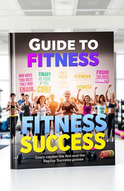 A motivational fitness guide cover featuring a diverse group of people engaged in various exercise activities such as running, weightlifting, and yoga in a bright, inspiring gym environment