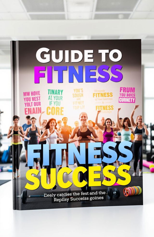 A motivational fitness guide cover featuring a diverse group of people engaged in various exercise activities such as running, weightlifting, and yoga in a bright, inspiring gym environment