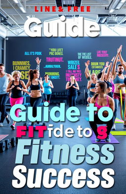 A motivational fitness guide cover featuring a diverse group of people engaged in various exercise activities such as running, weightlifting, and yoga in a bright, inspiring gym environment