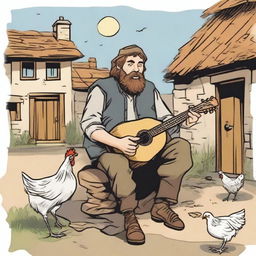 A high-quality comic-style illustration showcases a DnD bard, appearing as a homeless vagrant with brown hair and a beard, in a village setting