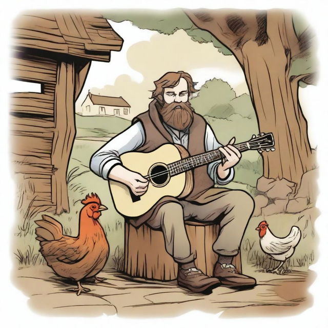 A high-quality comic-style illustration showcases a DnD bard, appearing as a homeless vagrant with brown hair and a beard, in a village setting