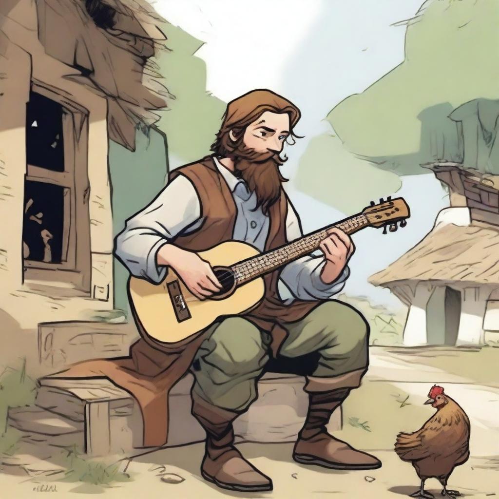 A high-quality comic-style illustration captures a dirty, homeless DnD bard with brown hair and a beard in a village setting