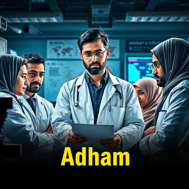 A young forensic doctor named Adham, with a beard, is leading a team of investigators