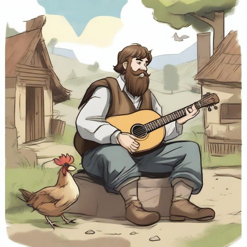 A high-quality comic-style illustration captures a dirty, homeless DnD bard with brown hair and a beard in a village setting