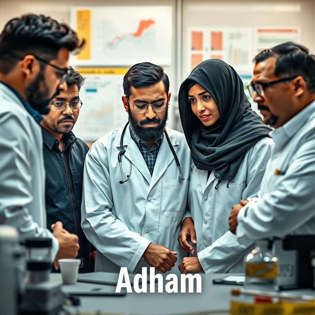 A young forensic doctor named Adham, with a beard, is leading a team of investigators