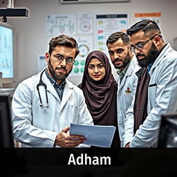 A young forensic doctor named Adham, with a beard, is leading a team of investigators