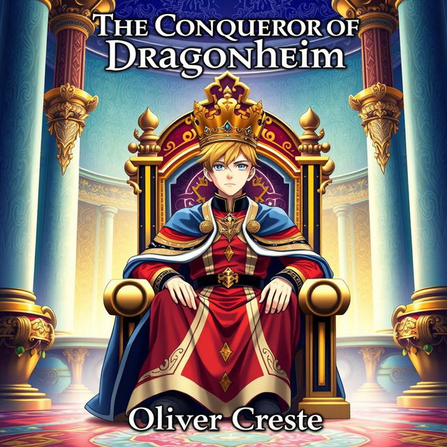 An enchanting book cover design for a fantasy novel titled 'The Conqueror of Dragonheim', beautifully illustrated in the vibrant style of Japanese Anime