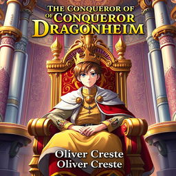 An enchanting book cover design for a fantasy novel titled 'The Conqueror of Dragonheim', beautifully illustrated in the vibrant style of Japanese Anime