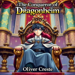 An enchanting book cover design for a fantasy novel titled 'The Conqueror of Dragonheim', beautifully illustrated in the vibrant style of Japanese Anime