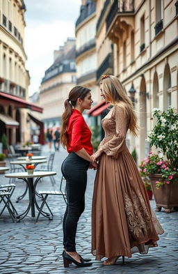 A picturesque scene set in a charming Parisian square with cobblestone paving