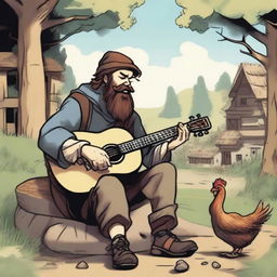 A high-quality comic-style illustration captures a dirty, homeless DnD bard with brown hair and a beard in a village setting