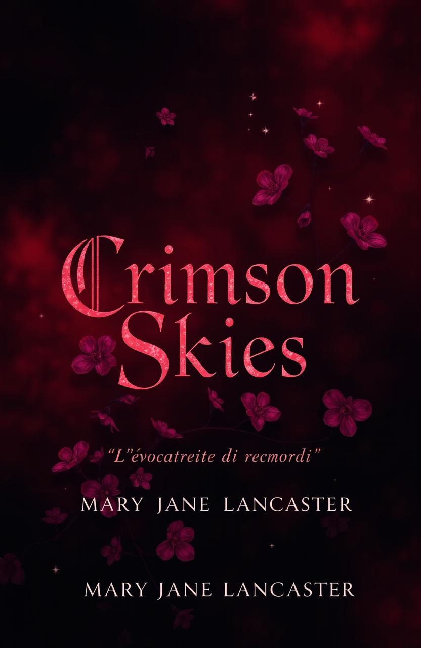 A dark and atmospheric book cover design for a novel titled "Crimson Skies" with the subtitle "L'evocatrice di ricordi" by author "Mary Jane Lancaster"
