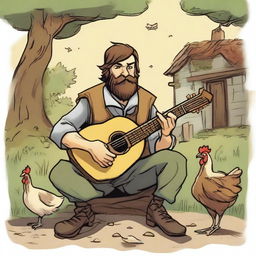 A high-quality comic-style illustration captures a dirty, homeless DnD bard with brown hair and a beard in a village setting