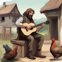 A high-quality illustration captures a dirty, homeless DnD bard with brown hair and a beard in a village setting