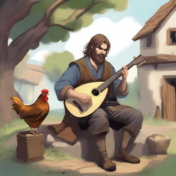 A high-quality illustration captures a dirty, homeless DnD bard with brown hair and a beard in a village setting