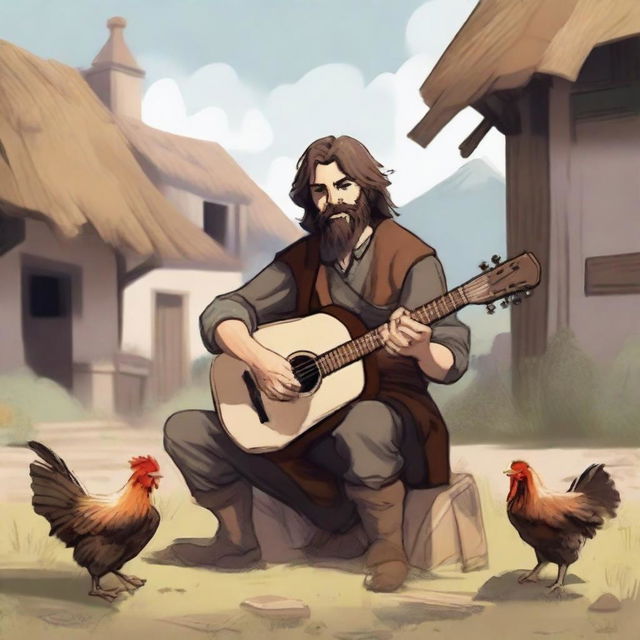 A high-quality illustration captures a dirty, homeless DnD bard with brown hair and a beard in a village setting