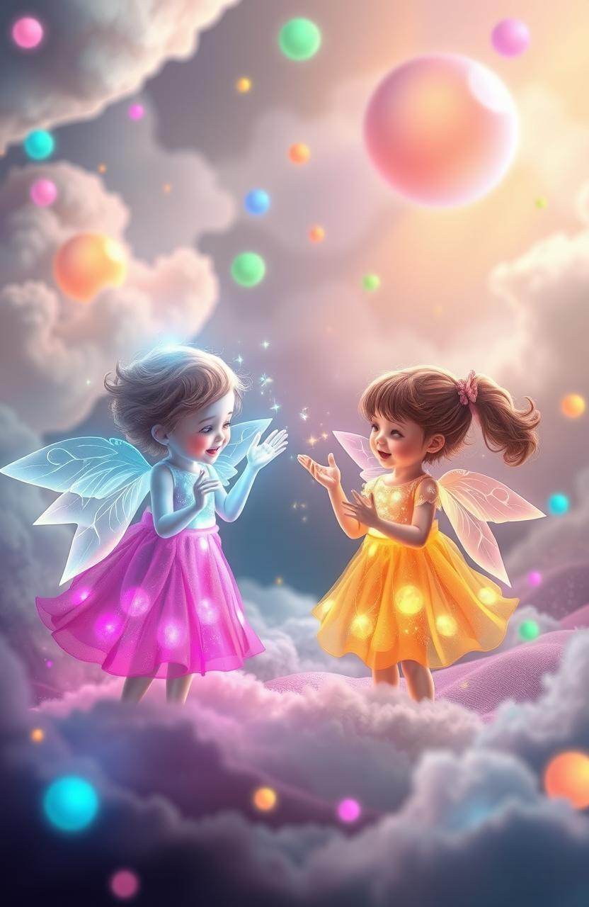 A mystical scene featuring the souls of two playful twins, ethereal and vibrant, engaging with a young girl in a whimsical dreamlike landscape