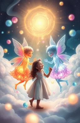 A mystical scene featuring the souls of two playful twins, ethereal and vibrant, engaging with a young girl in a whimsical dreamlike landscape