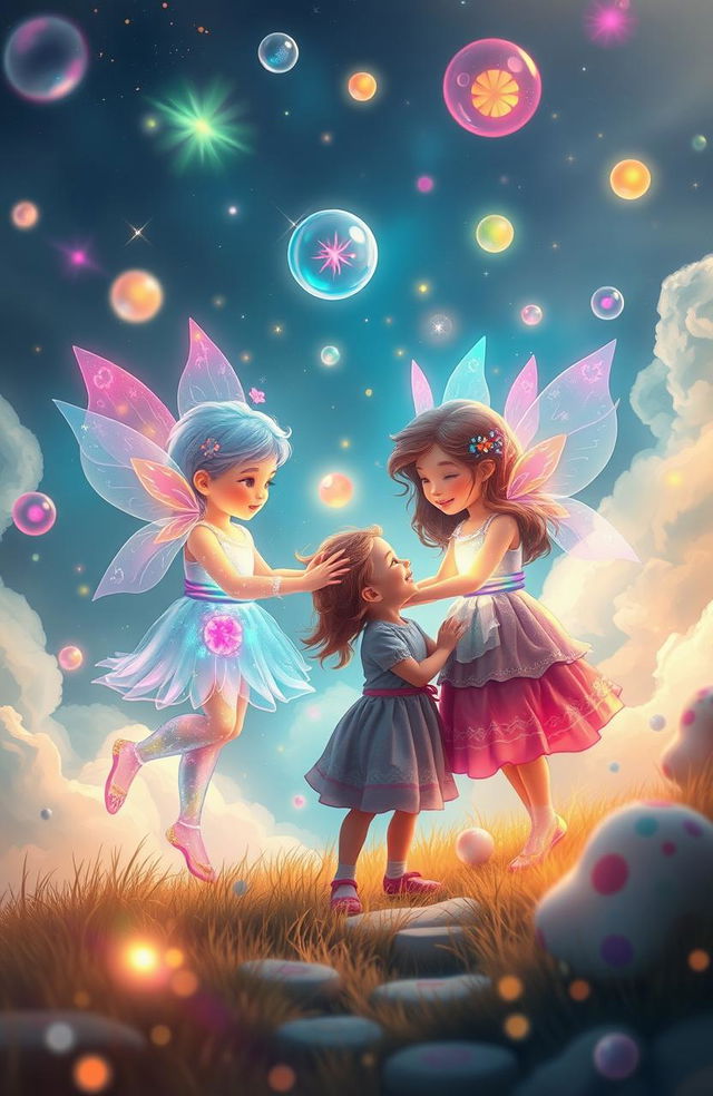 A mystical scene featuring the souls of two playful twins, ethereal and vibrant, engaging with a young girl in a whimsical dreamlike landscape