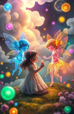 A mystical scene featuring the souls of two playful twins, ethereal and vibrant, engaging with a young girl in a whimsical dreamlike landscape