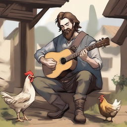 A high-quality illustration captures a dirty, homeless DnD bard with brown hair and a beard in a village setting