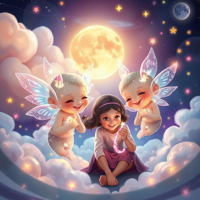 A captivating scene that showcases the souls of two playful twins, gently interacting with a young girl in a dreamlike environment