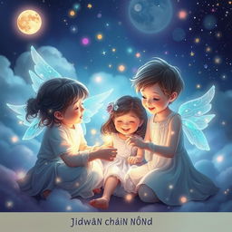 A captivating scene that showcases the souls of two playful twins, gently interacting with a young girl in a dreamlike environment